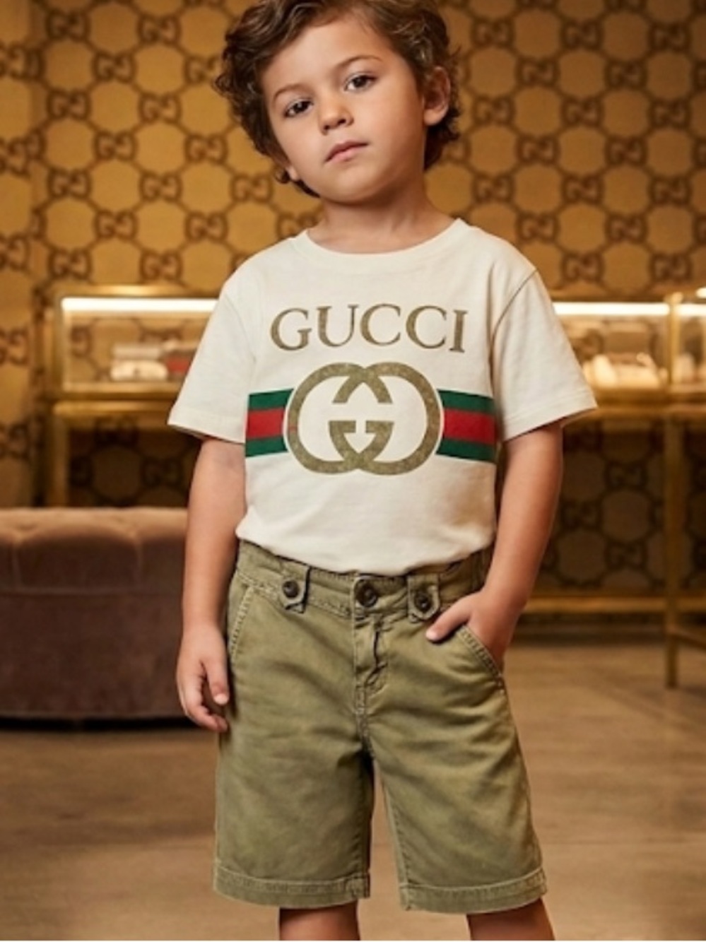 Authentic Gucci luxury designer boys signature khaki shorts sz 4